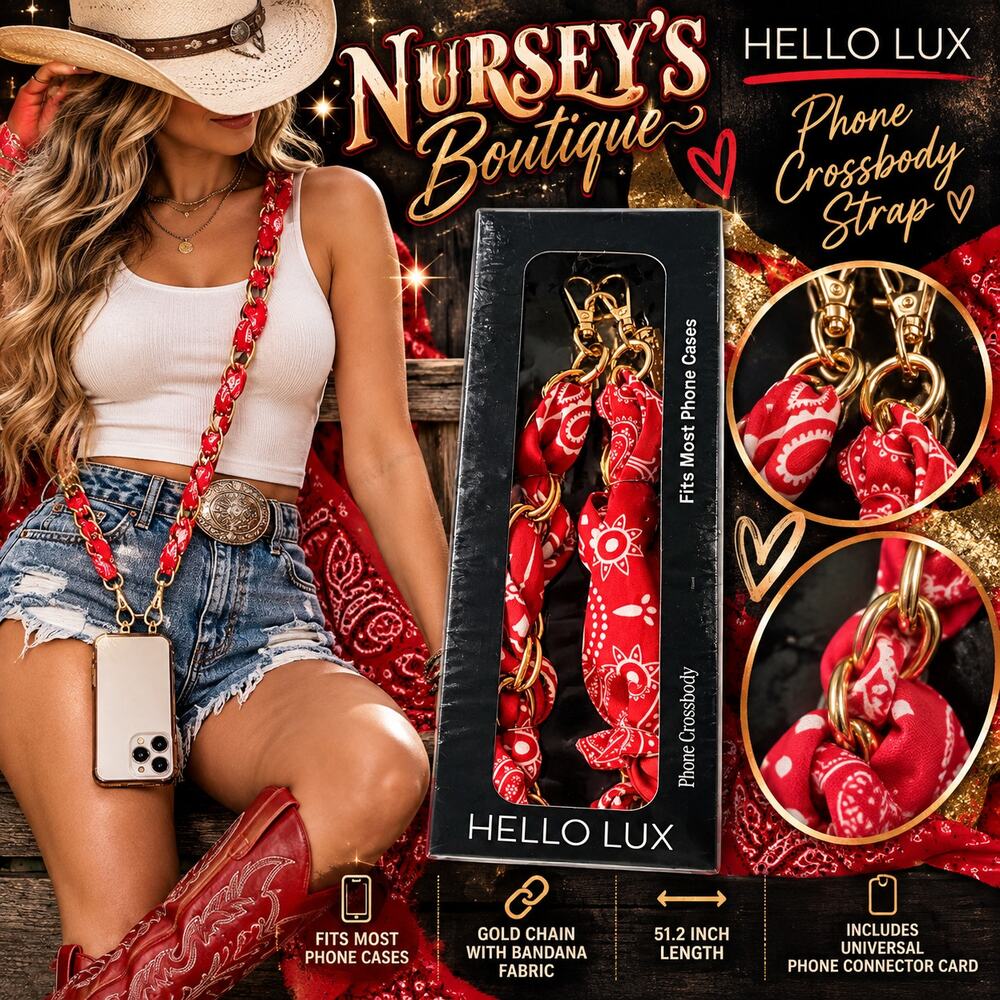 Hello Lux Red Bandana Phone Crossbody Strap Gold Chain 51.2" NIB Western